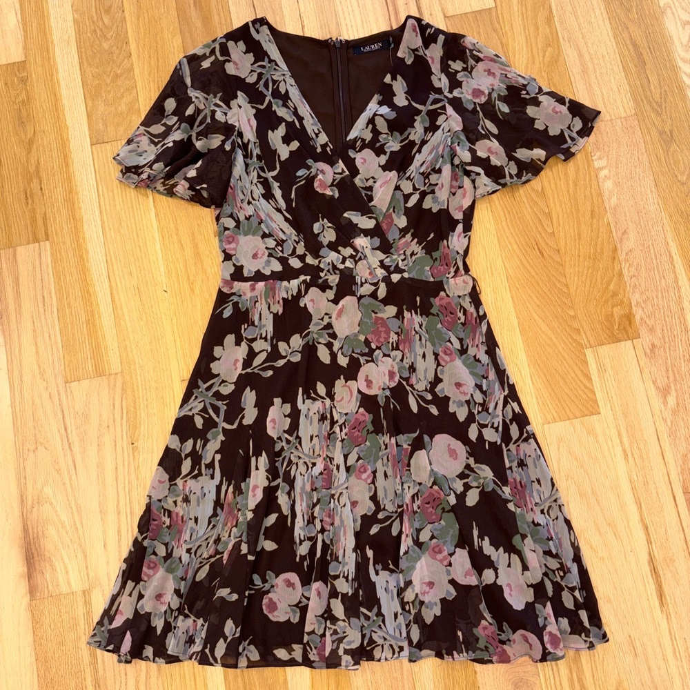 NWT Ralph Lauren Black Label V-Neck Floral Chiffon Dress Size 10 Retail $165